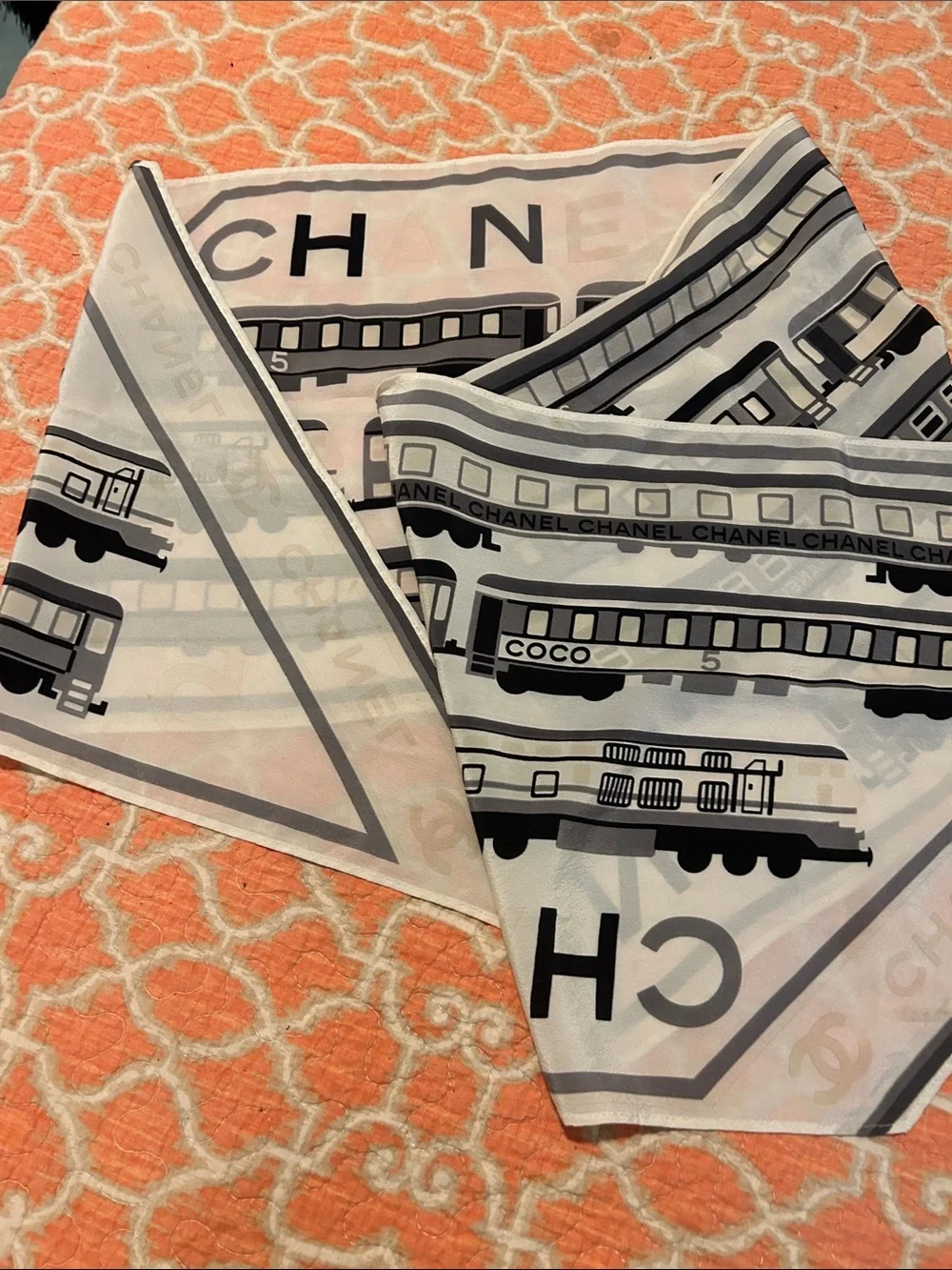 CHANEL Black, White/Cream Train-Print Silk Scarf